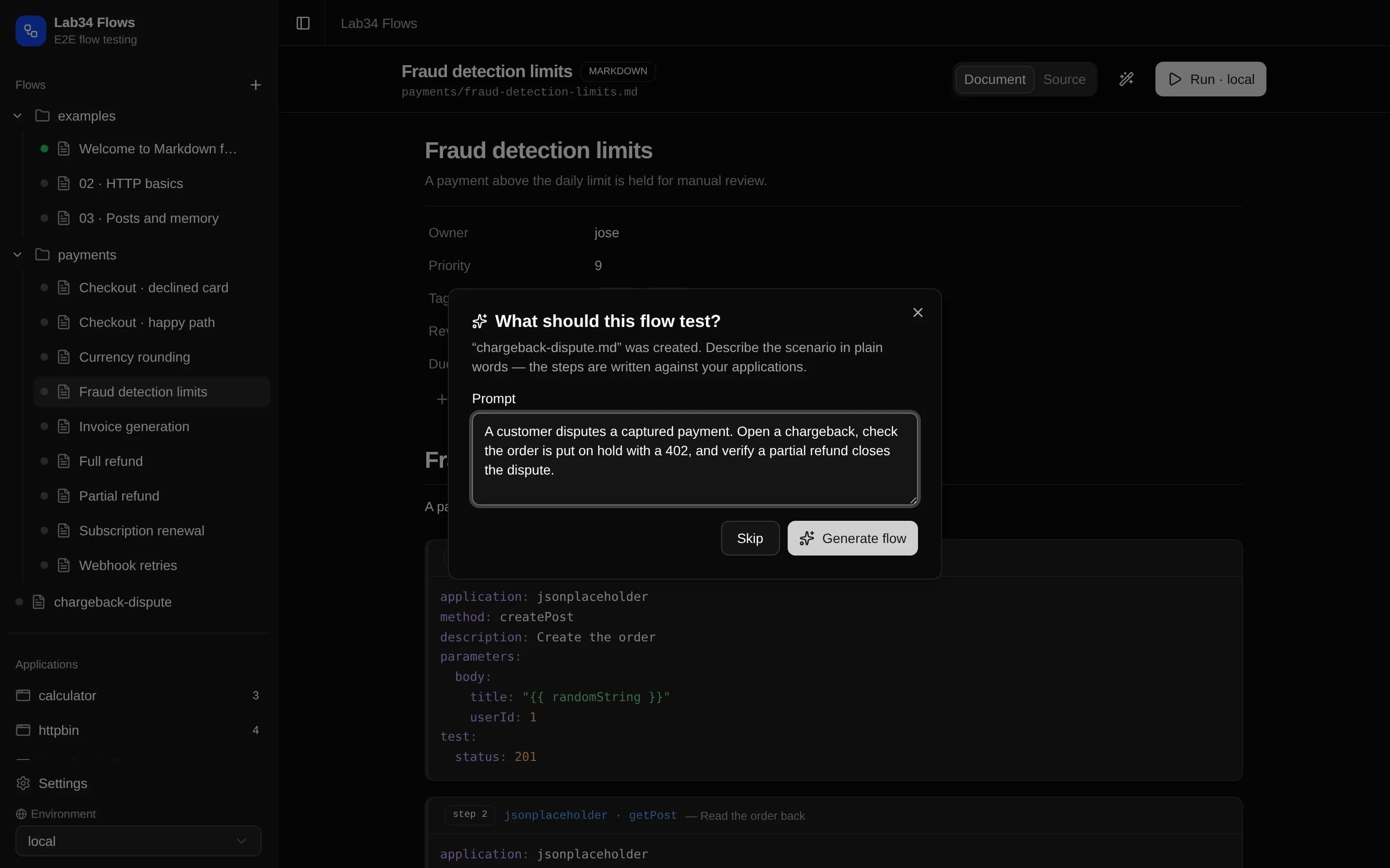 The 'What should this flow test?' dialog after creating a flow with AI: a plain-words prompt describes a chargeback scenario, with a Generate flow button.