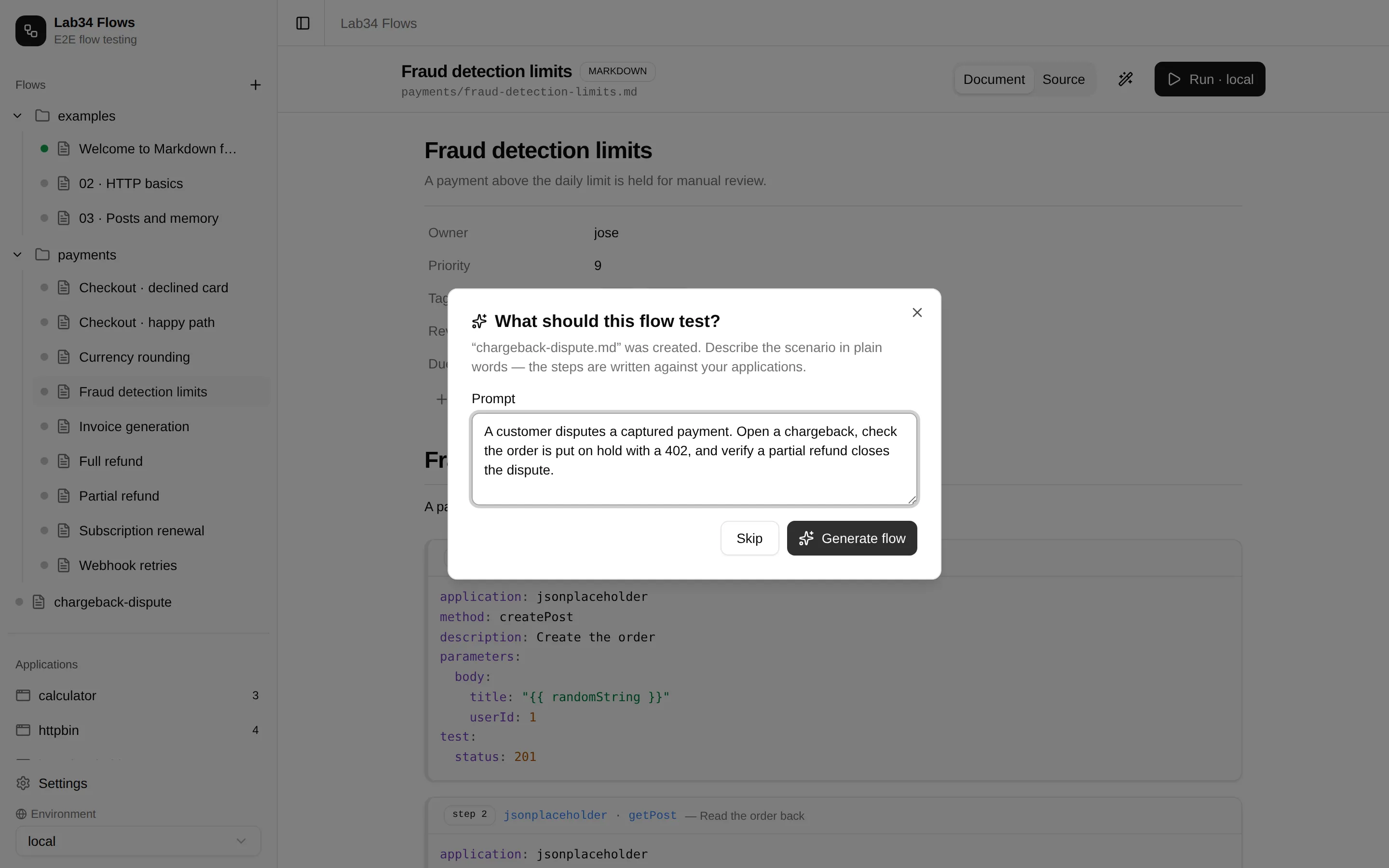 The 'What should this flow test?' dialog after creating a flow with AI: a plain-words prompt describes a chargeback scenario, with a Generate flow button.