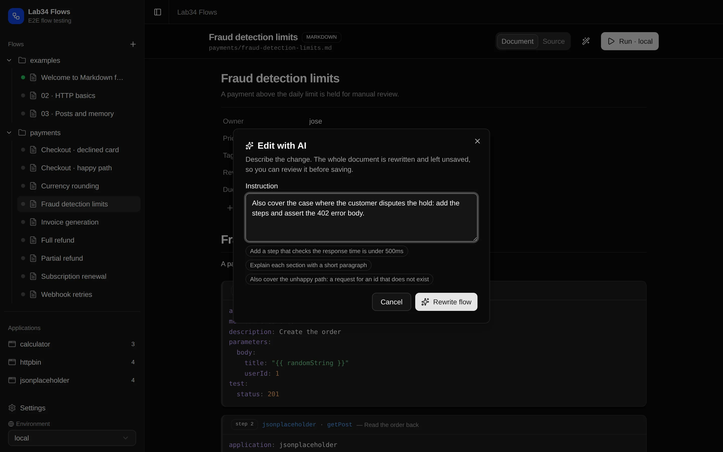 The 'Edit with AI' dialog over an open flow: an instruction asks to also cover the dispute case, with a Rewrite flow button and suggested example instructions.
