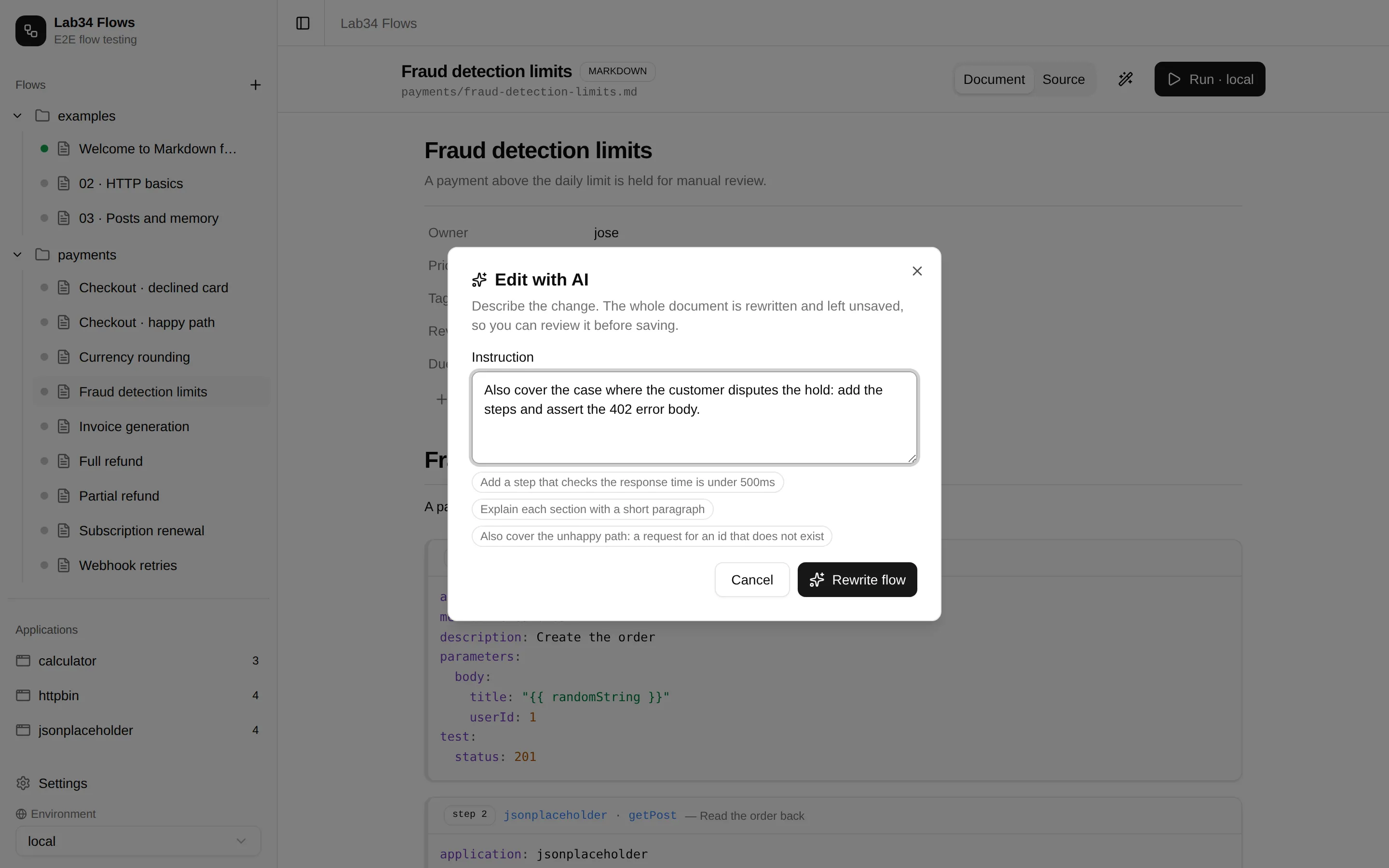 The 'Edit with AI' dialog over an open flow: an instruction asks to also cover the dispute case, with a Rewrite flow button and suggested example instructions.