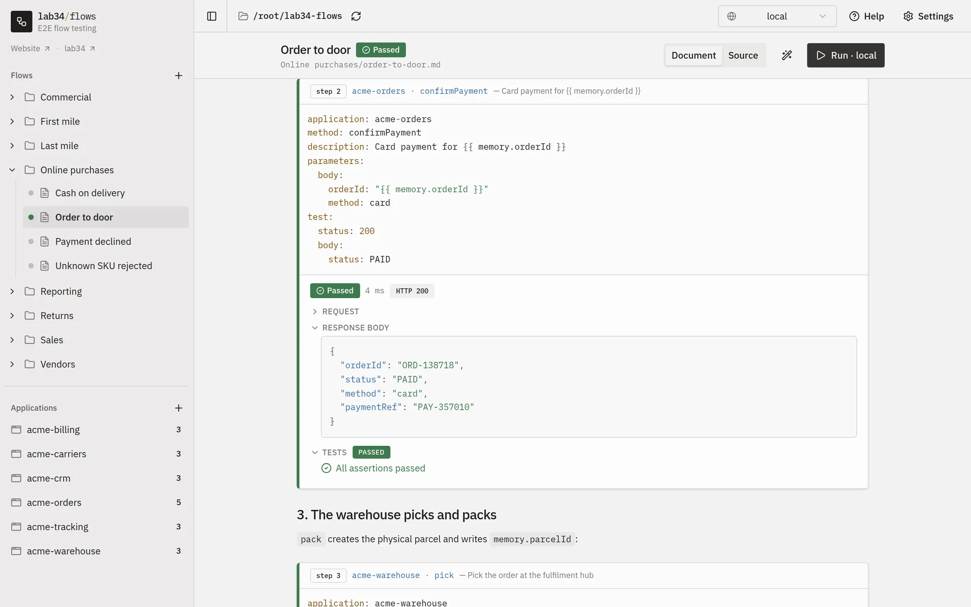 A flow in the Document view after a run: each step is a cell, with its result under it