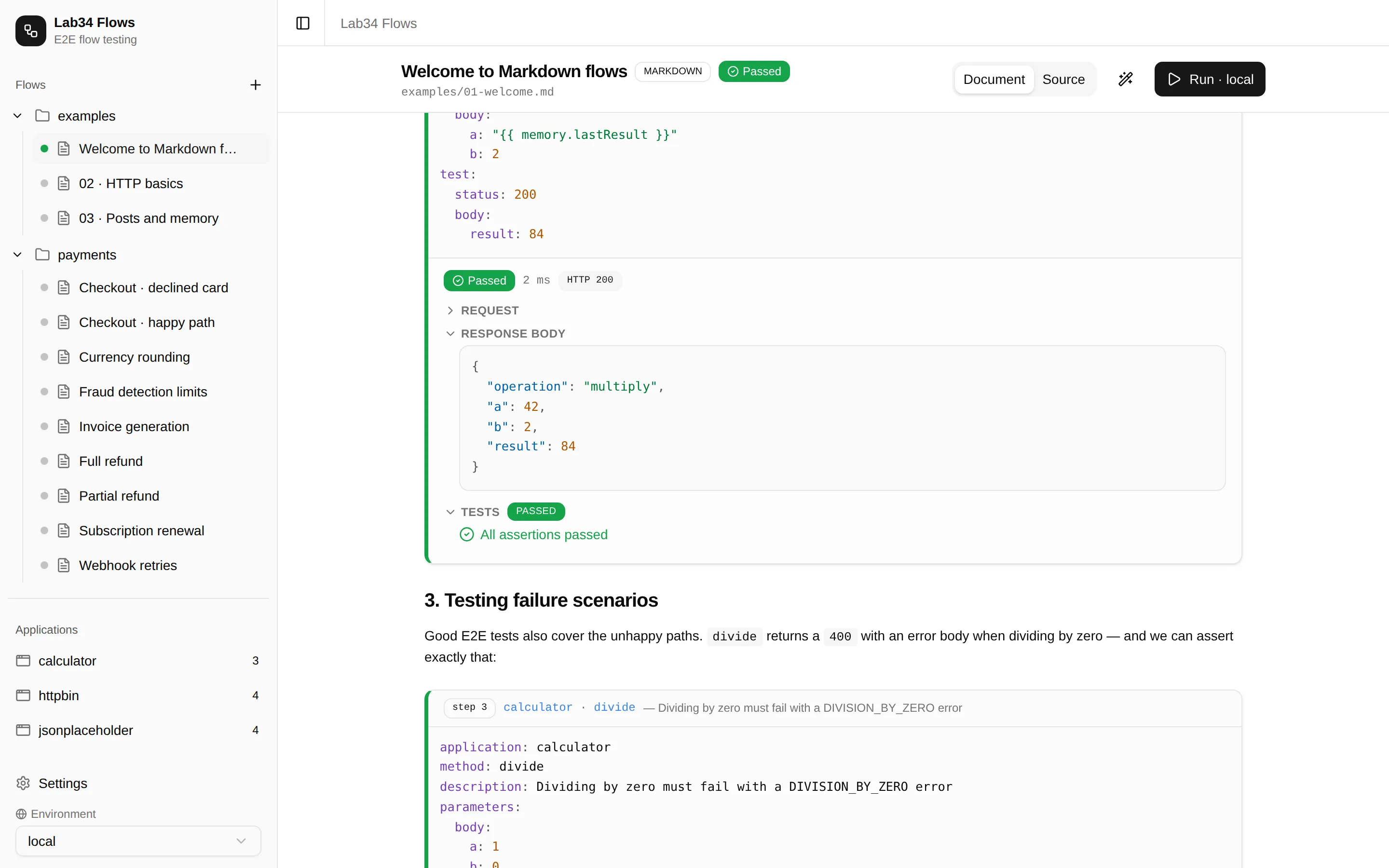 A flow after a run: below the step block, the execution details show a Passed badge, the HTTP 200 response body and the assertion results.